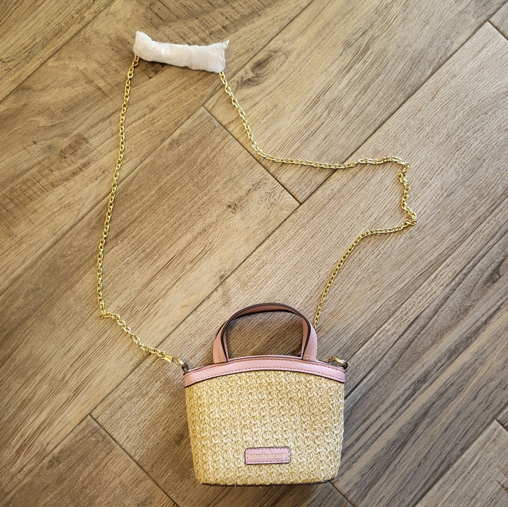 Mini crossbody baby Nanette Lepore pink and rattan with bow detail nwot Barbie - Picture 1 of 10